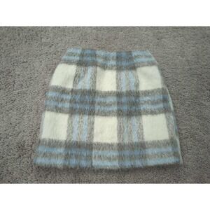 Versona Mini Skirt Womens 0 Blue Plaid Fuzzy Faux Mohair Lined Side Slit